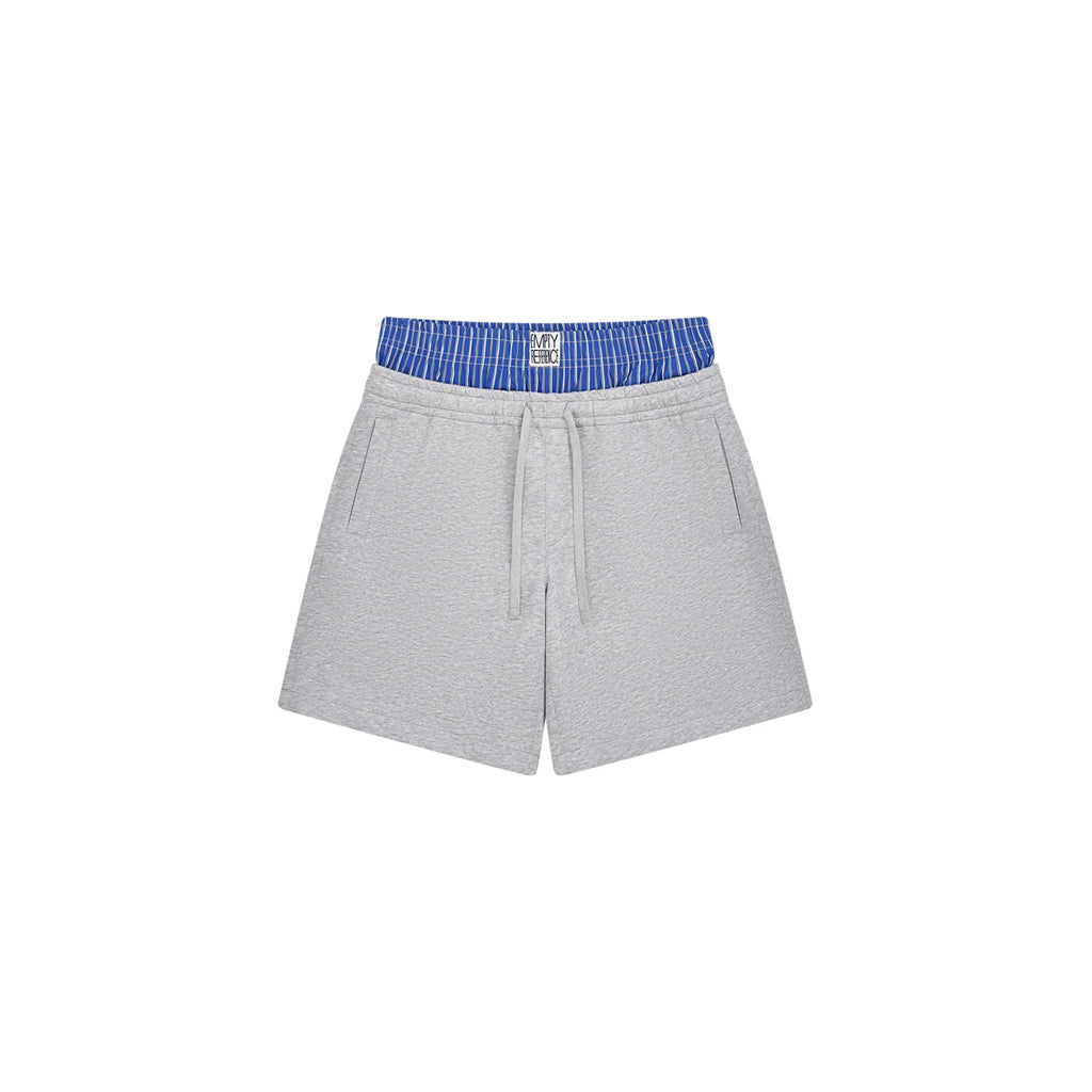 The Layered Waist Short - Heather Grey Knit with Blue Stripe Panel & Woven Label