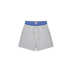 The Layered Waist Short - Heather Grey Knit with Blue Stripe Panel & Woven Label