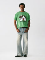 The Little House Tee - Mint Green Snow Fabric with Hand-Drawn Cottage Print