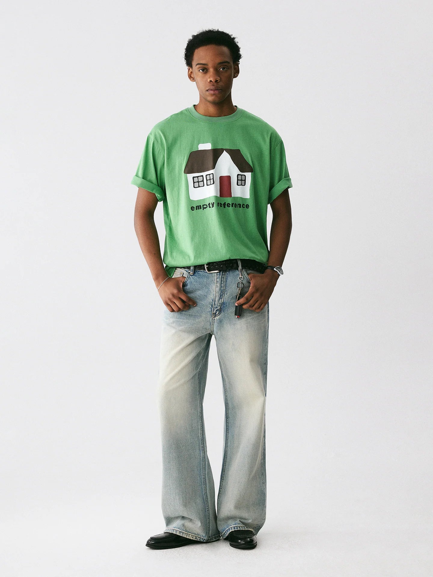The Little House Tee - Mint Green Snow Fabric with Hand-Drawn Cottage Print