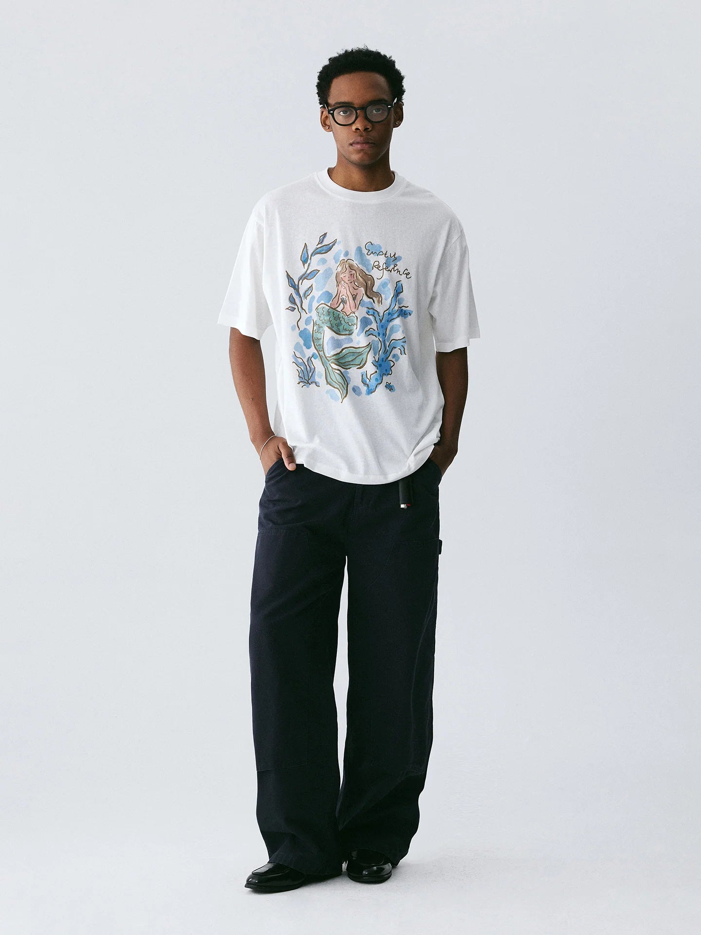 The Submerged Reverie Tee - White Snow Fabric with Hand-Drawn Mermaid & Coral