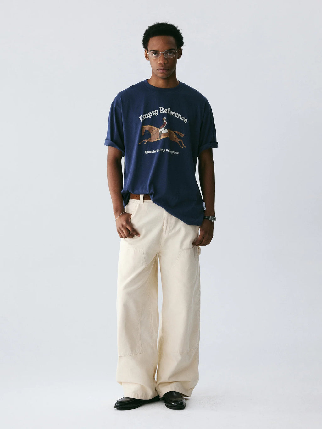 The Suspended Leap Tee - Navy Snow Fabric with Hand-Drawn Equestrian Jump