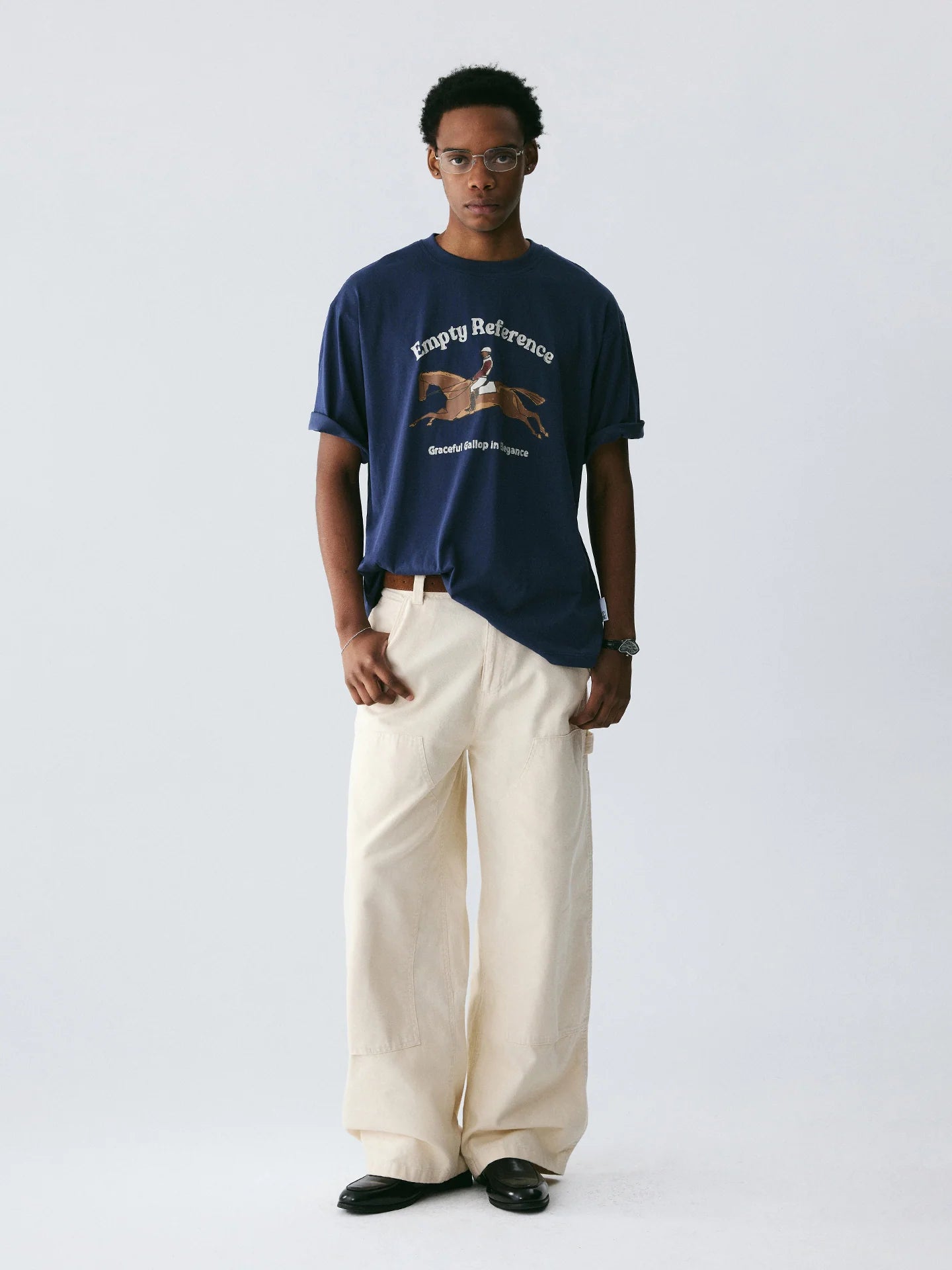 The Suspended Leap Tee - Navy Snow Fabric with Hand-Drawn Equestrian Jump