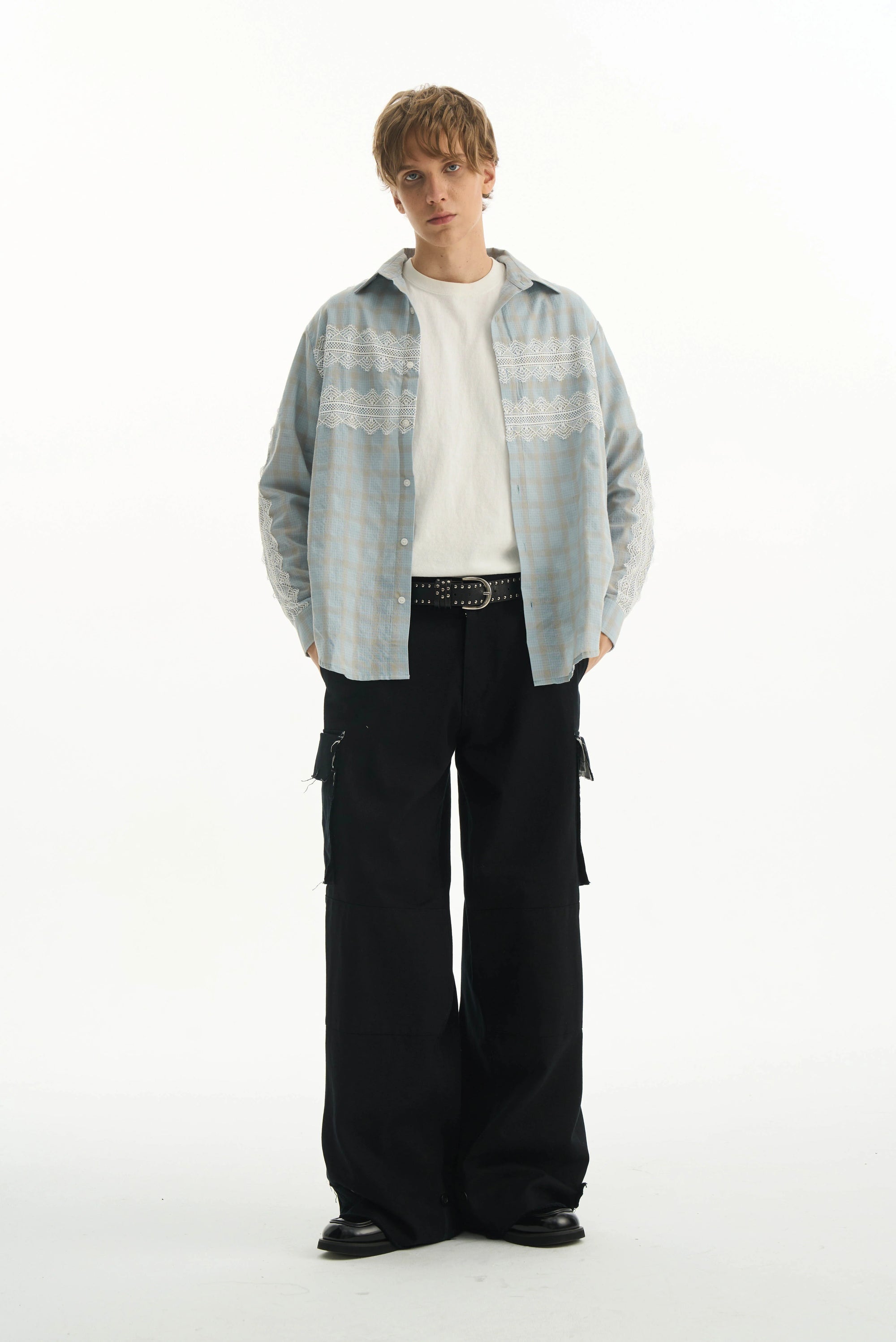 Lace Panel Plaid Pants