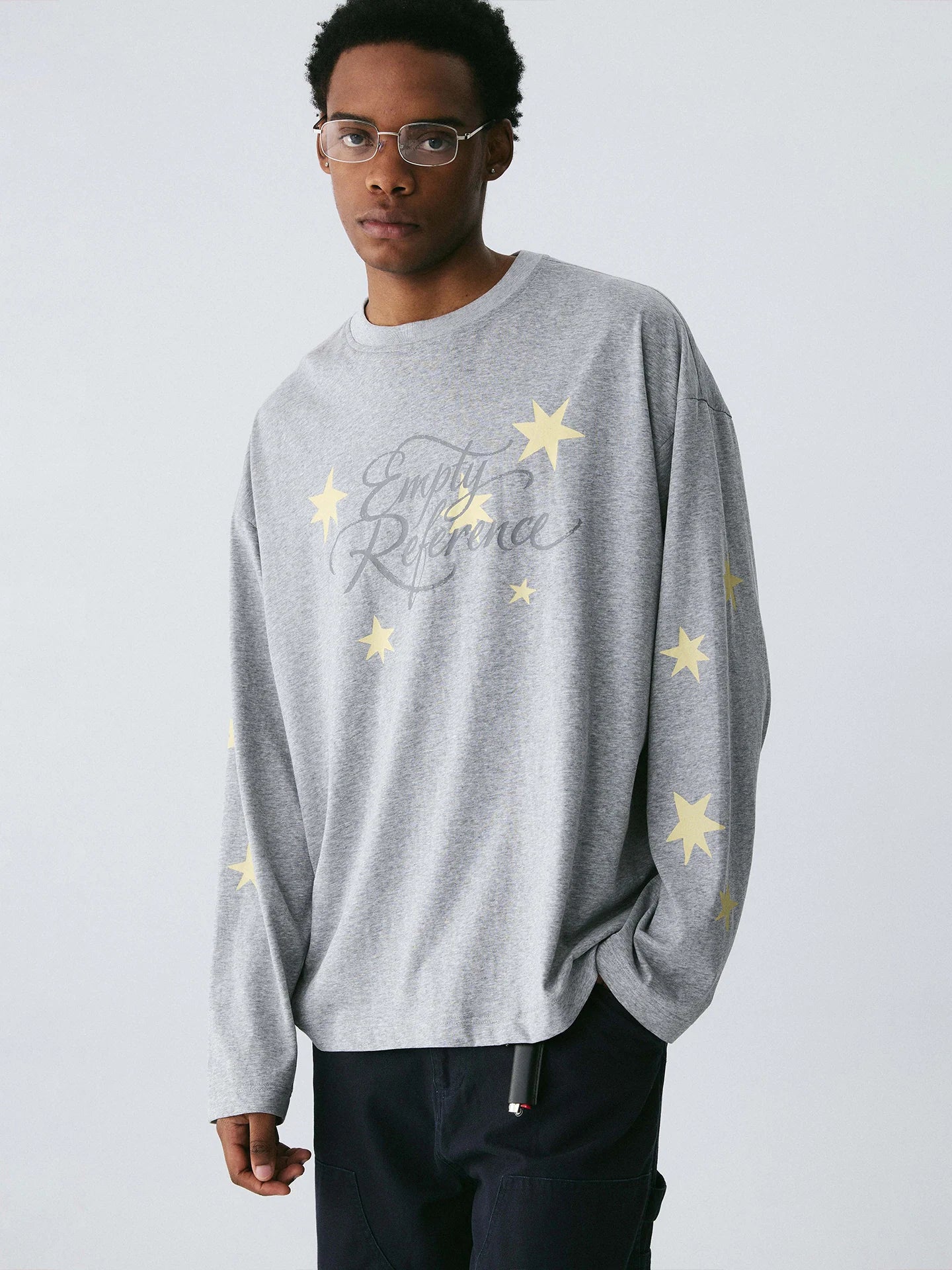 Empty Reference Star Graphic Long Sleeve Tee | Oversized Grey Top
