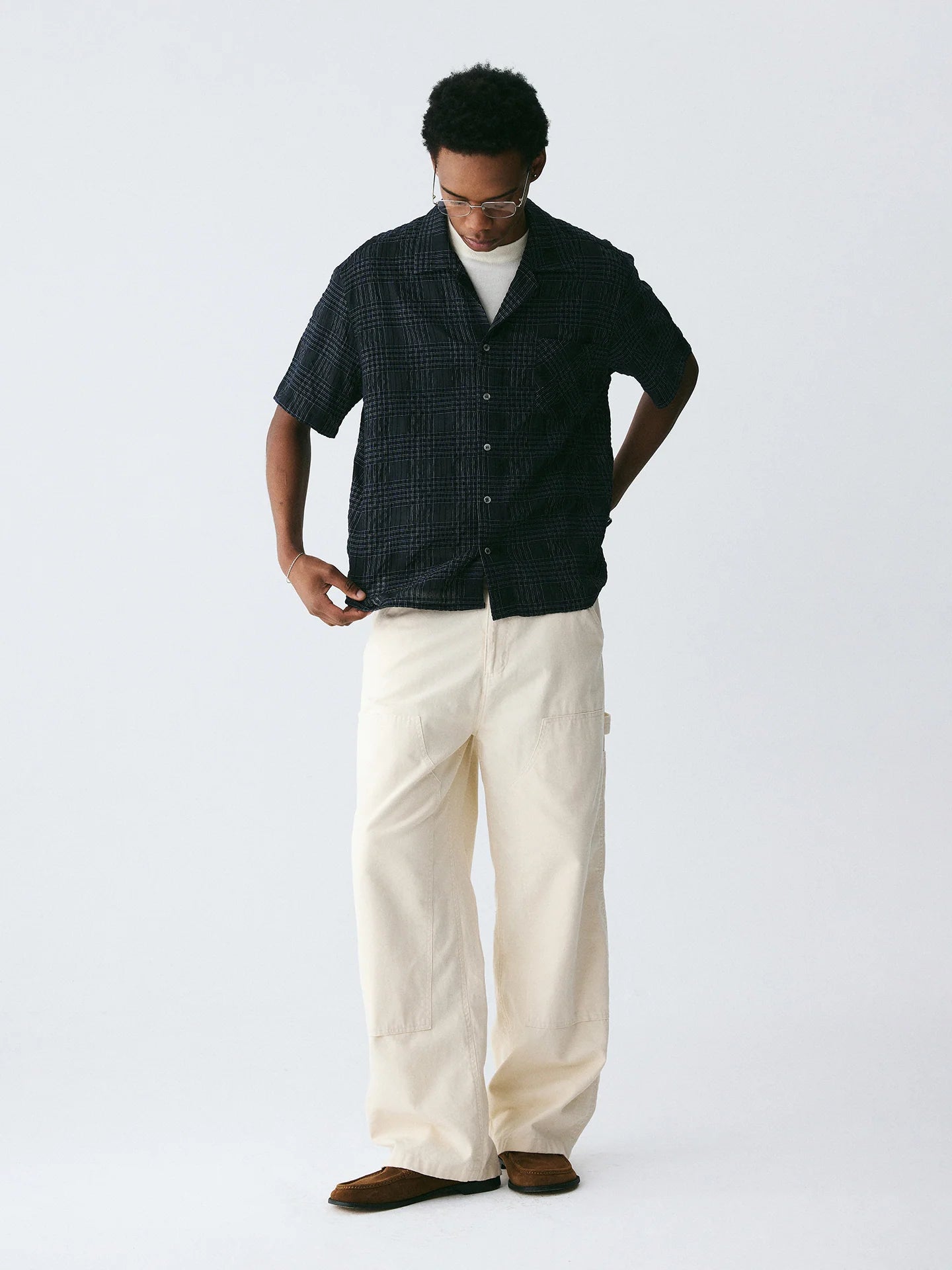 The Biased Grid Shirt - Textured Deep Navy Check Cuban Collar with Angle-Cut Pocket