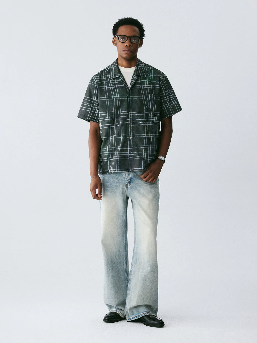 The Unruly Grid Shirt - Hand-Drawn White Lines on Forest Green