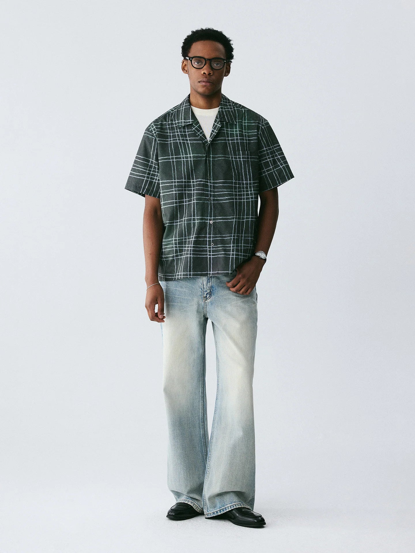 The Unruly Grid Shirt - Hand-Drawn White Lines on Forest Green