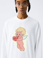 The Cherub Heart Tee - White Snow Fabric with Hand-Drawn Angel & Heart Print