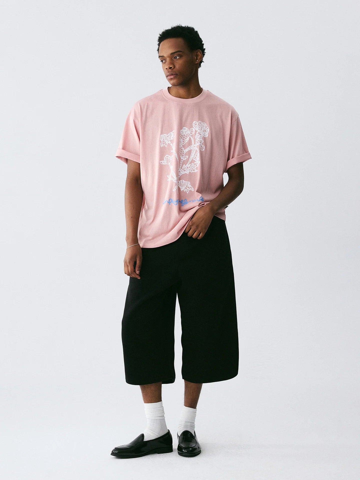 The Drawn Lace Tee - Pink Snow Fabric with Hand-Sketched White Lace Flowers