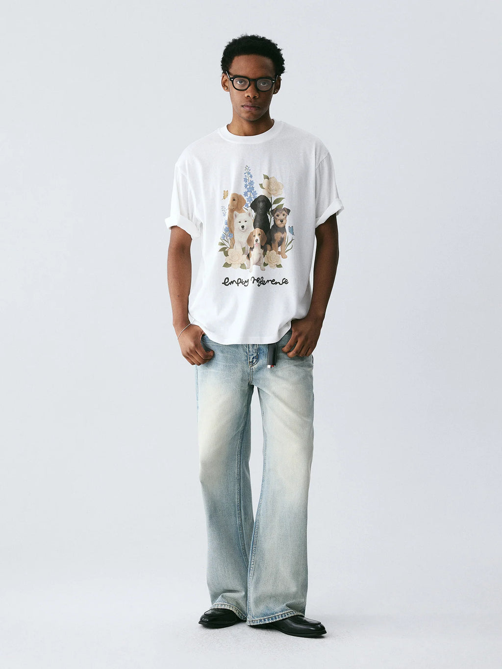 The Friendship Garden Tee - White Snow Fabric with Hand-Drawn Dog Pack & Flowers