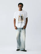 The Friendship Garden Tee - White Snow Fabric with Hand-Drawn Dog Pack & Flowers