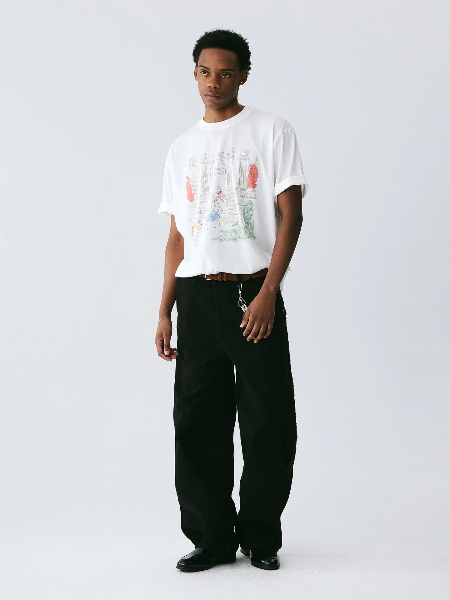 The Three Little Horses Tee - White Snow Fabric with Line-Drawn Manor & Color-Accent Pony Scene