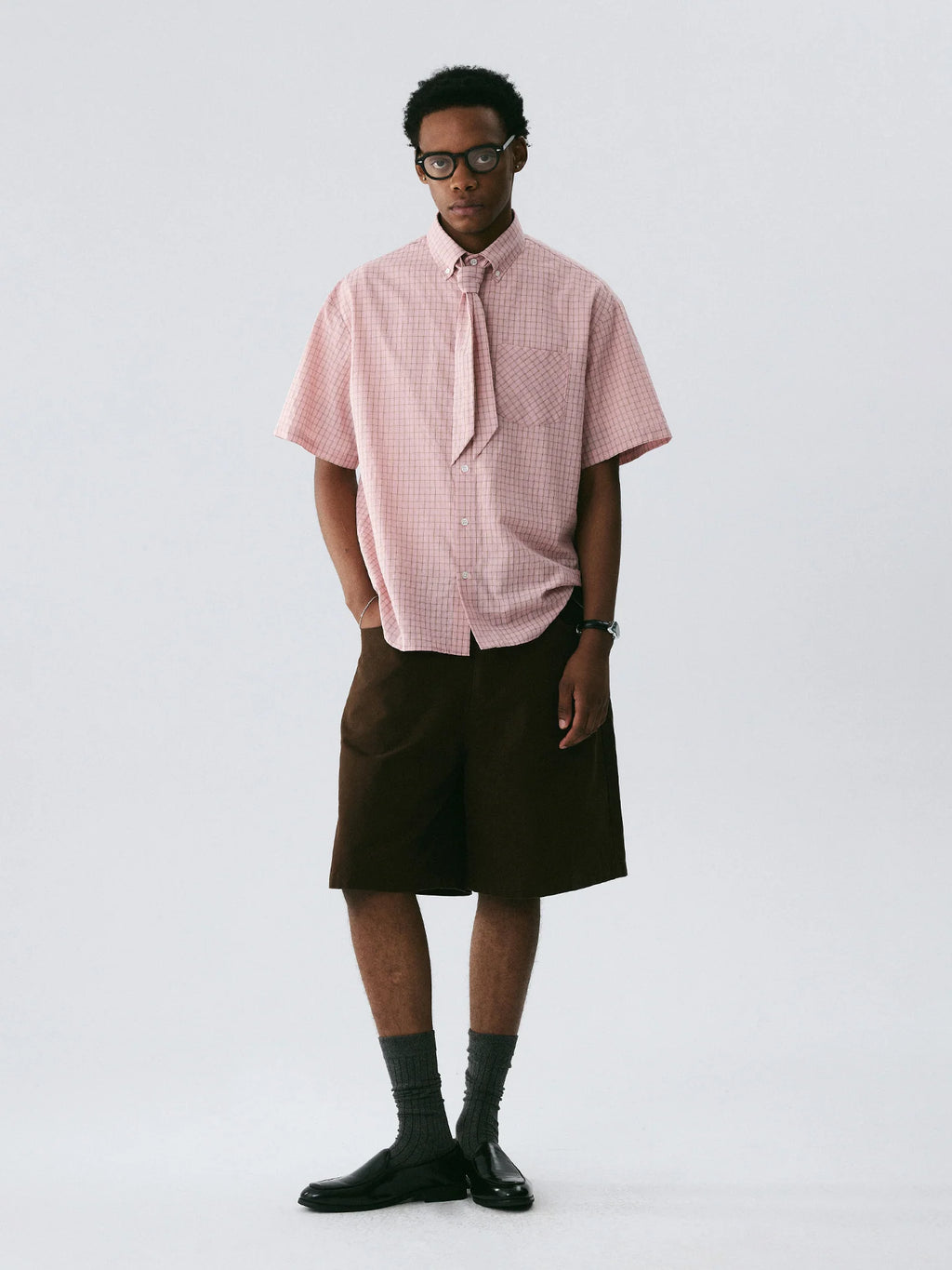 The Gingham Scarf Shirt - Pink & Brown Check with Matching Detachable Scarf