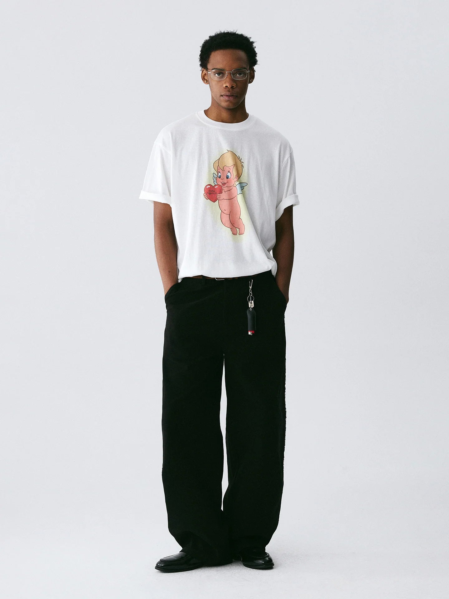 The Cherub Heart Tee - White Snow Fabric with Hand-Drawn Angel & Heart Print