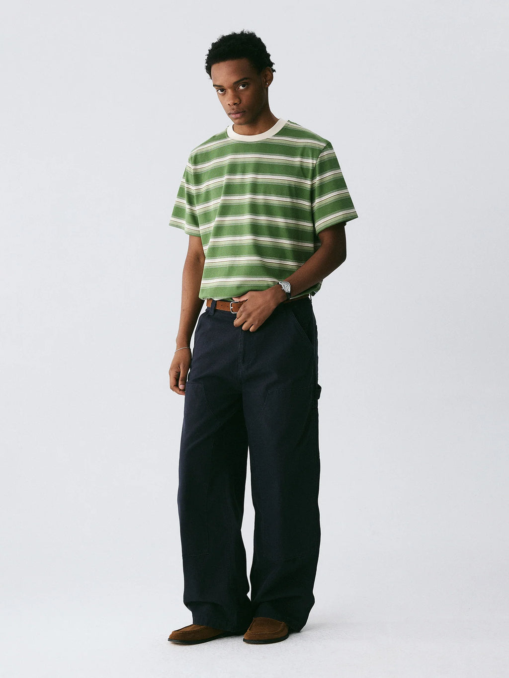 The Avocado Stripe Tee - Double Cotton in Green & Cream with Contrast Collar