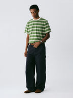 The Avocado Stripe Tee - Double Cotton in Green & Cream with Contrast Collar