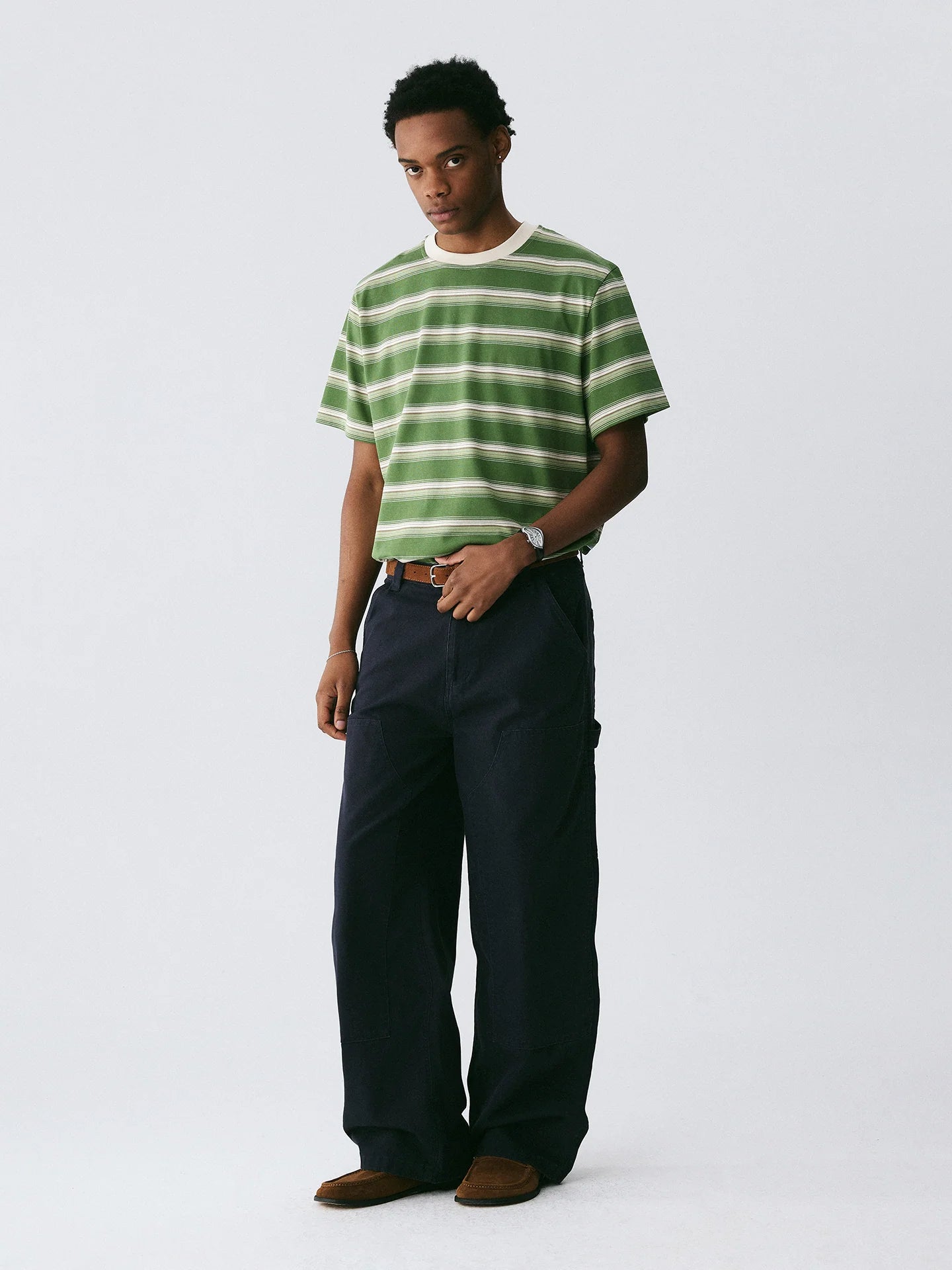 The Avocado Stripe Tee - Double Cotton in Green & Cream with Contrast Collar