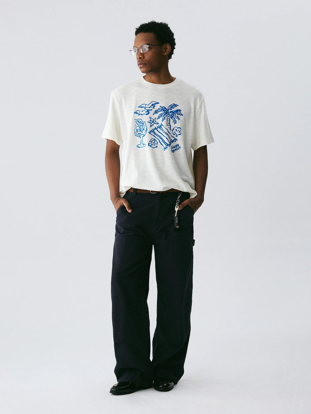 The Coastal Sketch Tee - Textured Slub Cotton with Hand-Drawn Beach Scene