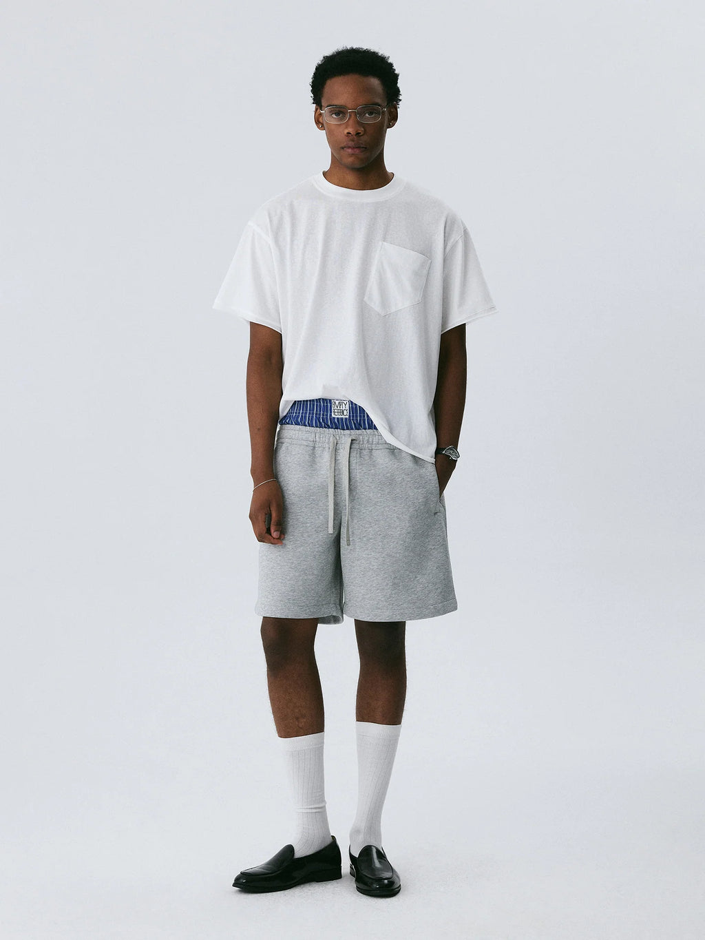 The Layered Waist Short - Heather Grey Knit with Blue Stripe Panel & Woven Label