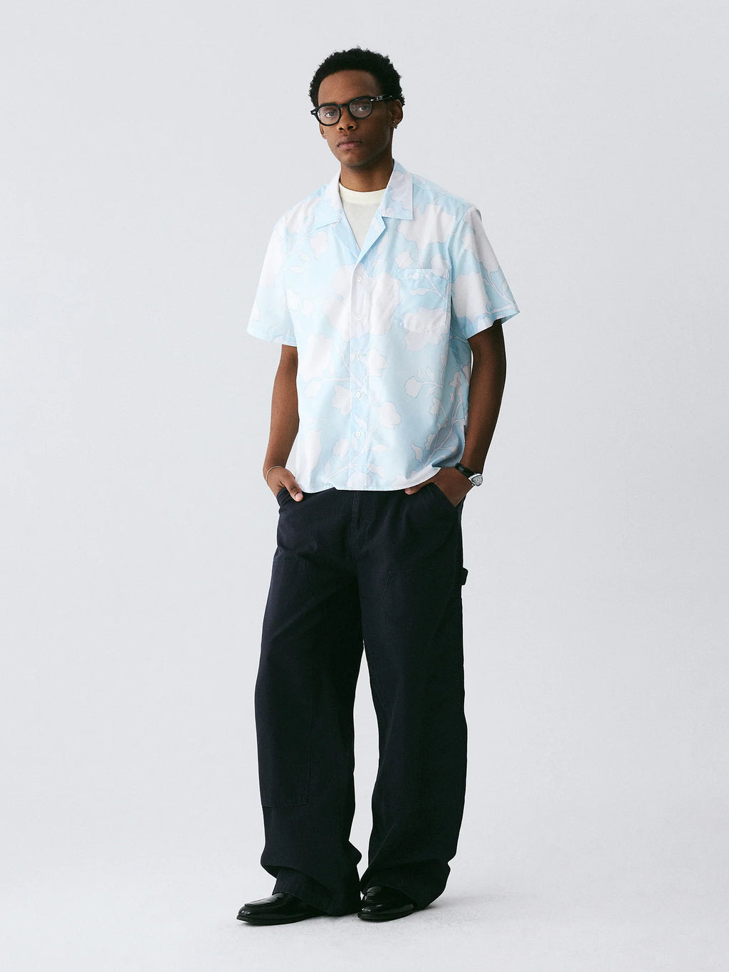 The Scattered Petal Shirt - Sky Blue Full-Print with Hand-Drawn White Flowers