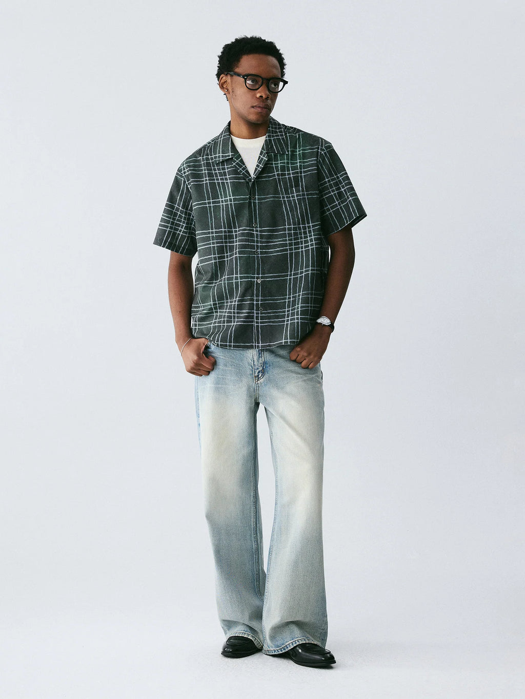 The Unruly Grid Shirt - Hand-Drawn White Lines on Forest Green