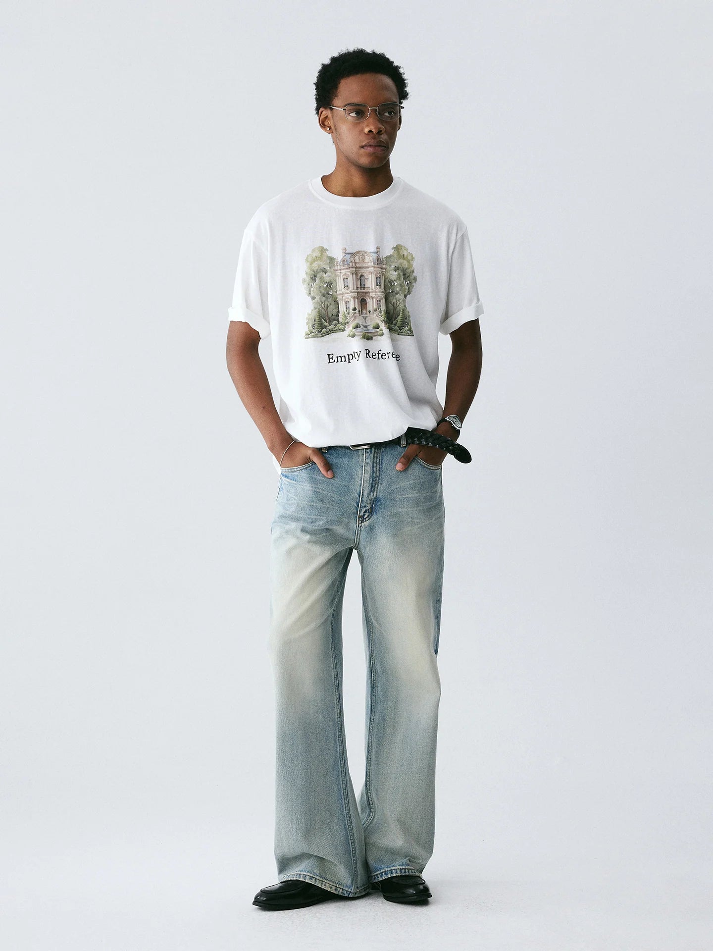 The Woodland Estate Tee - White Snow Fabric with Watercolor Manor & Forest