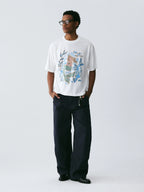 The Submerged Reverie Tee - White Snow Fabric with Hand-Drawn Mermaid & Coral
