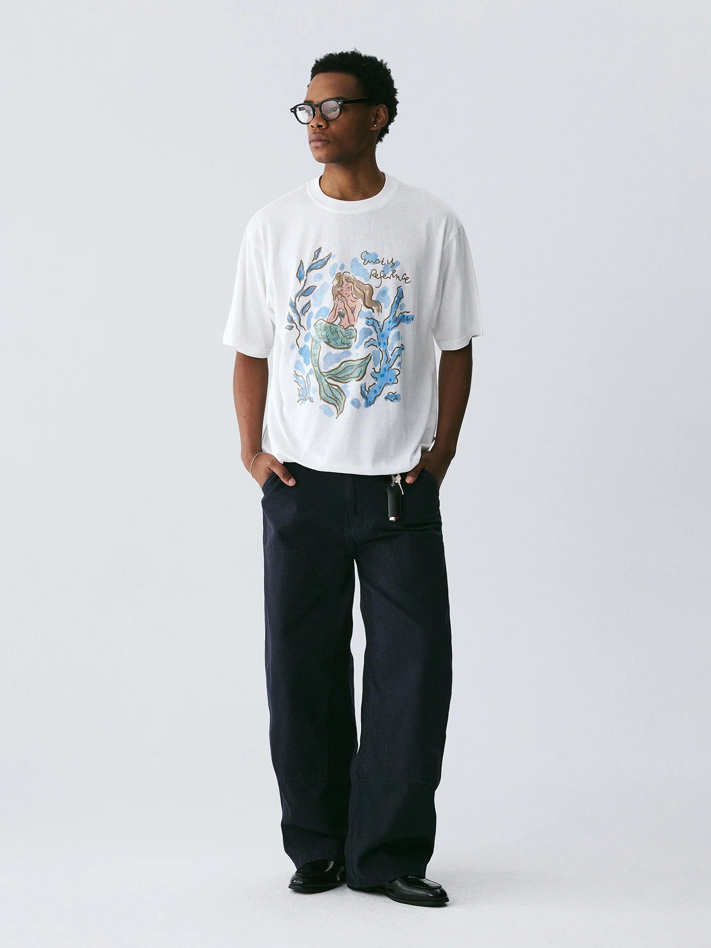 The Submerged Reverie Tee - White Snow Fabric with Hand-Drawn Mermaid & Coral