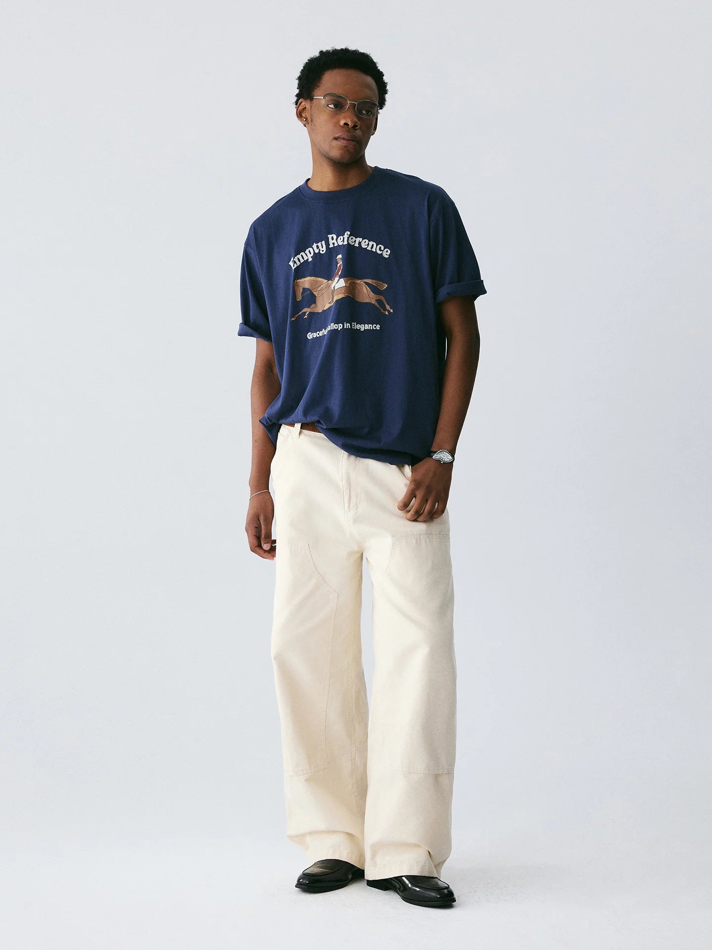 The Suspended Leap Tee - Navy Snow Fabric with Hand-Drawn Equestrian Jump