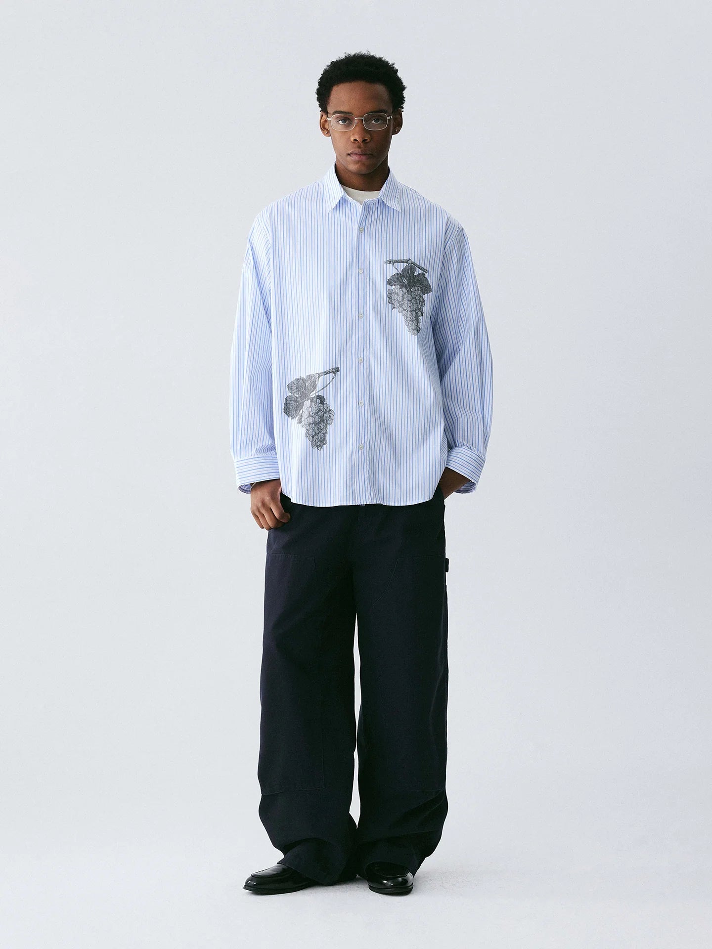 Empty Reference Botanical Stripe Shirt | Blue White Embroidered Overshirt
