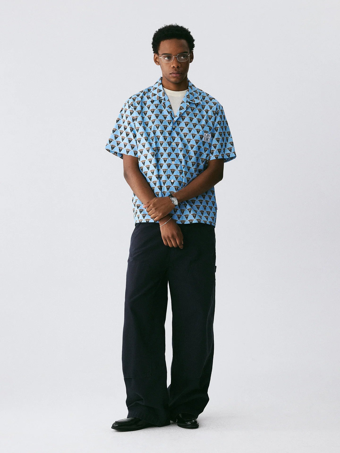 The Tessellated Diamond Shirt - Full-Print Geometric in Dusty Blue, Brown & Black