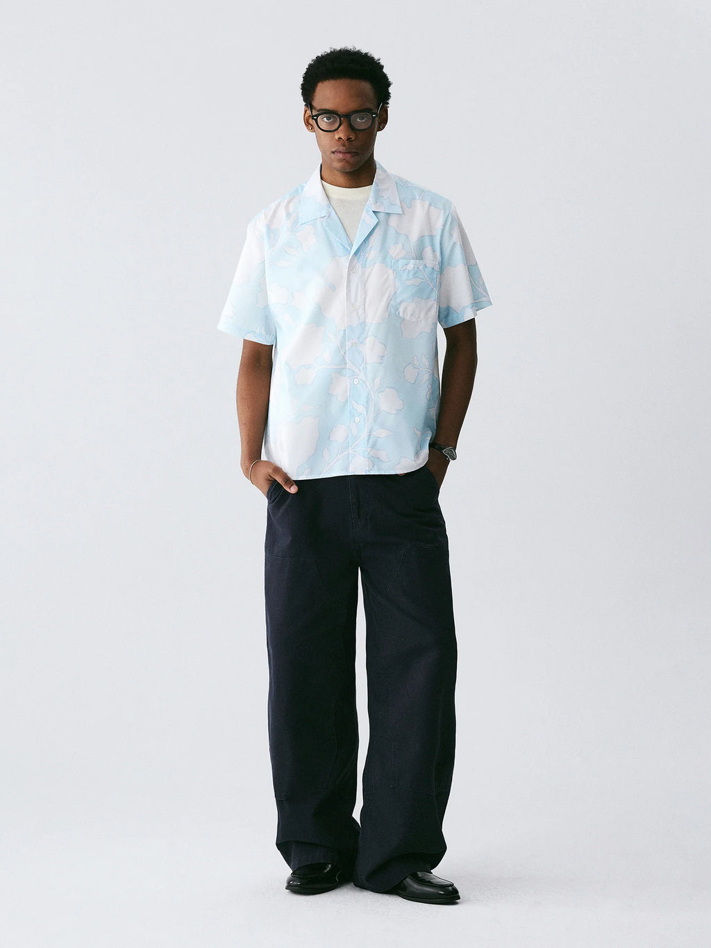 The Scattered Petal Shirt - Sky Blue Full-Print with Hand-Drawn White Flowers
