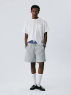 The Layered Waist Short - Heather Grey Knit with Blue Stripe Panel & Woven Label