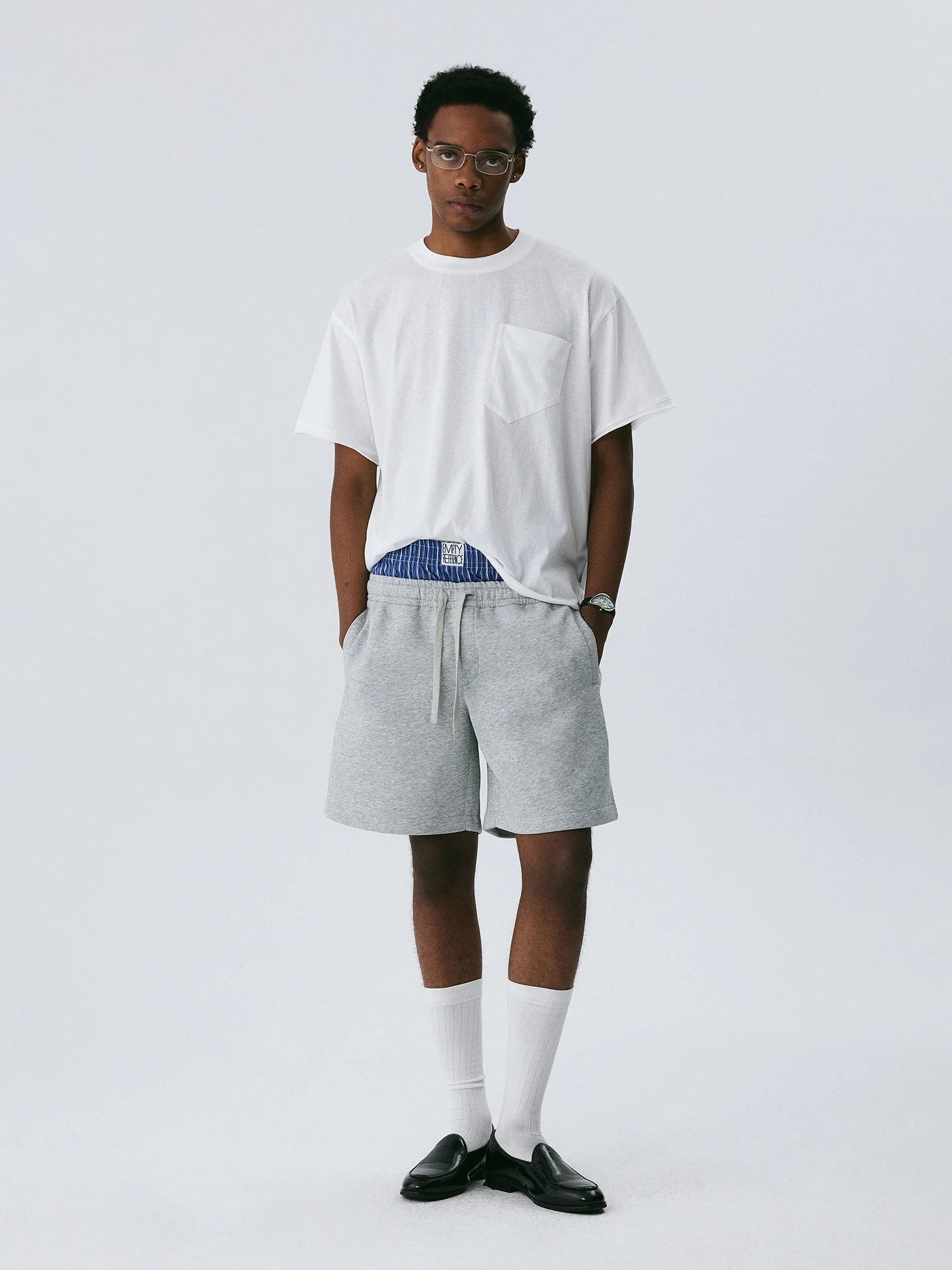 The Layered Waist Short - Heather Grey Knit with Blue Stripe Panel & Woven Label