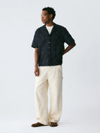 The Biased Grid Shirt - Textured Deep Navy Check Cuban Collar with Angle-Cut Pocket