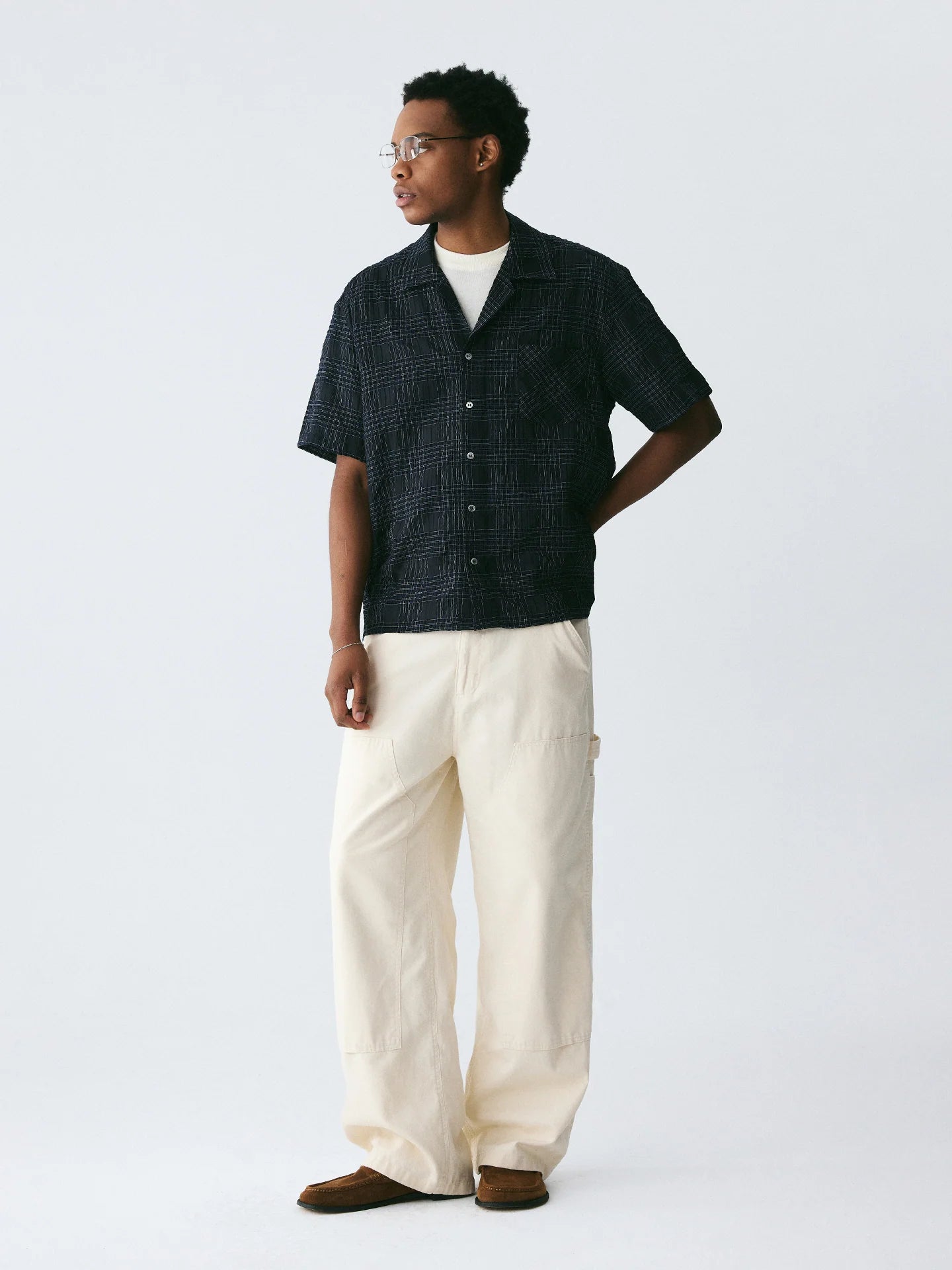 The Biased Grid Shirt - Textured Deep Navy Check Cuban Collar with Angle-Cut Pocket