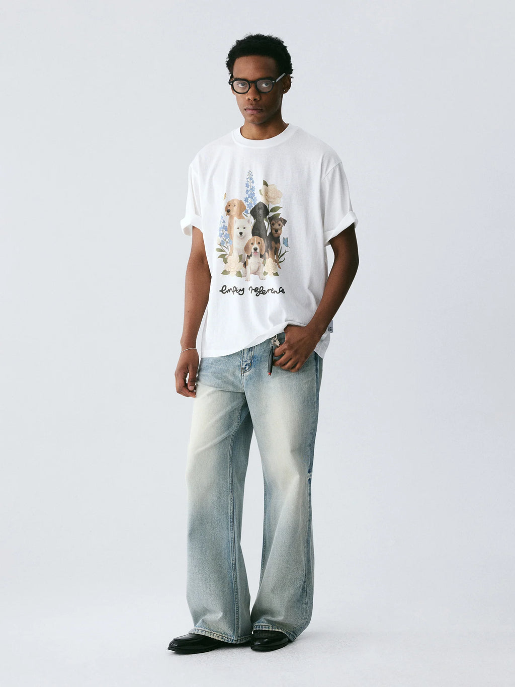The Friendship Garden Tee - White Snow Fabric with Hand-Drawn Dog Pack & Flowers