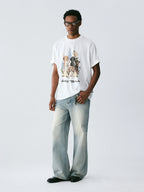 The Friendship Garden Tee - White Snow Fabric with Hand-Drawn Dog Pack & Flowers
