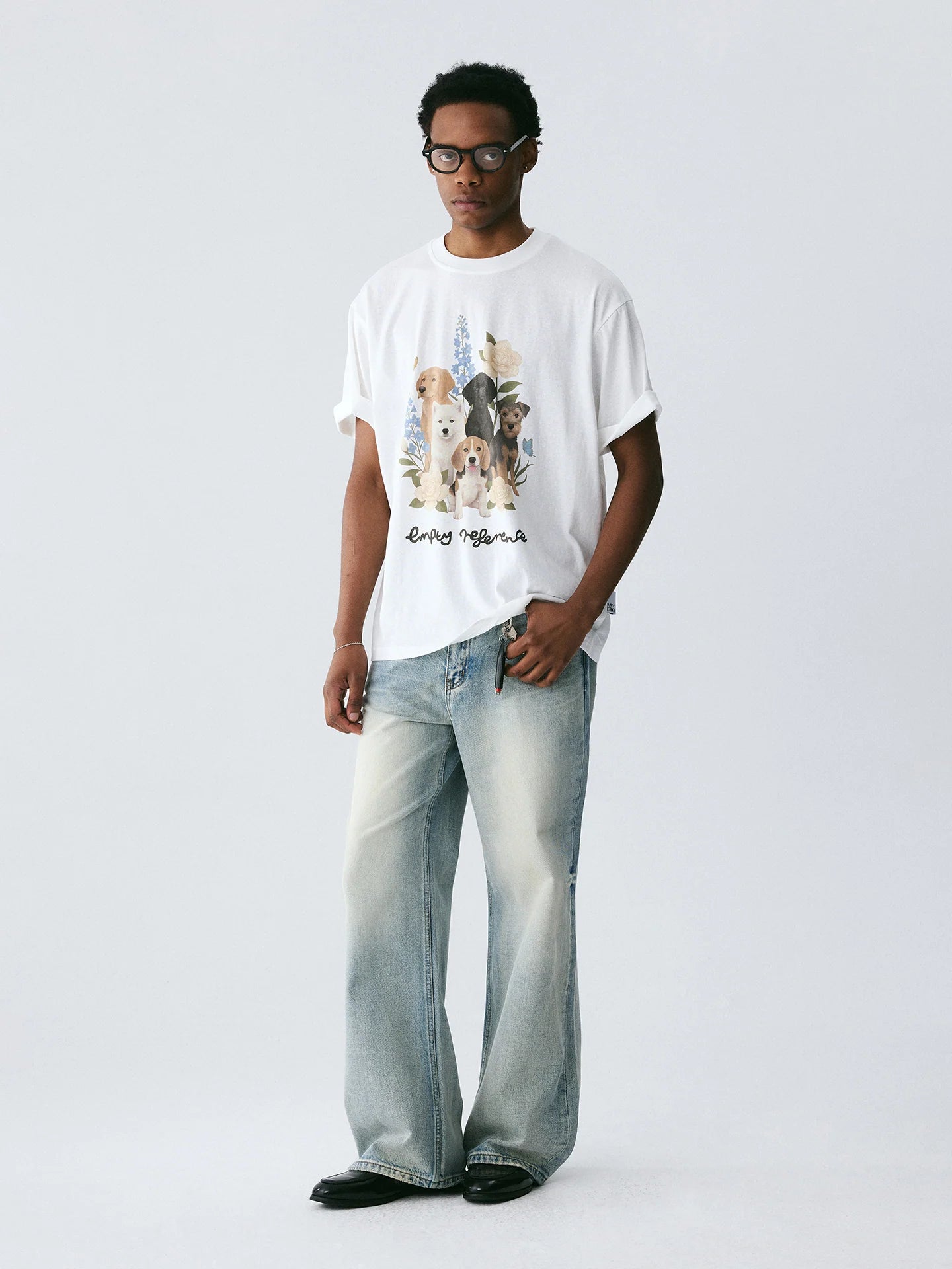The Friendship Garden Tee - White Snow Fabric with Hand-Drawn Dog Pack & Flowers
