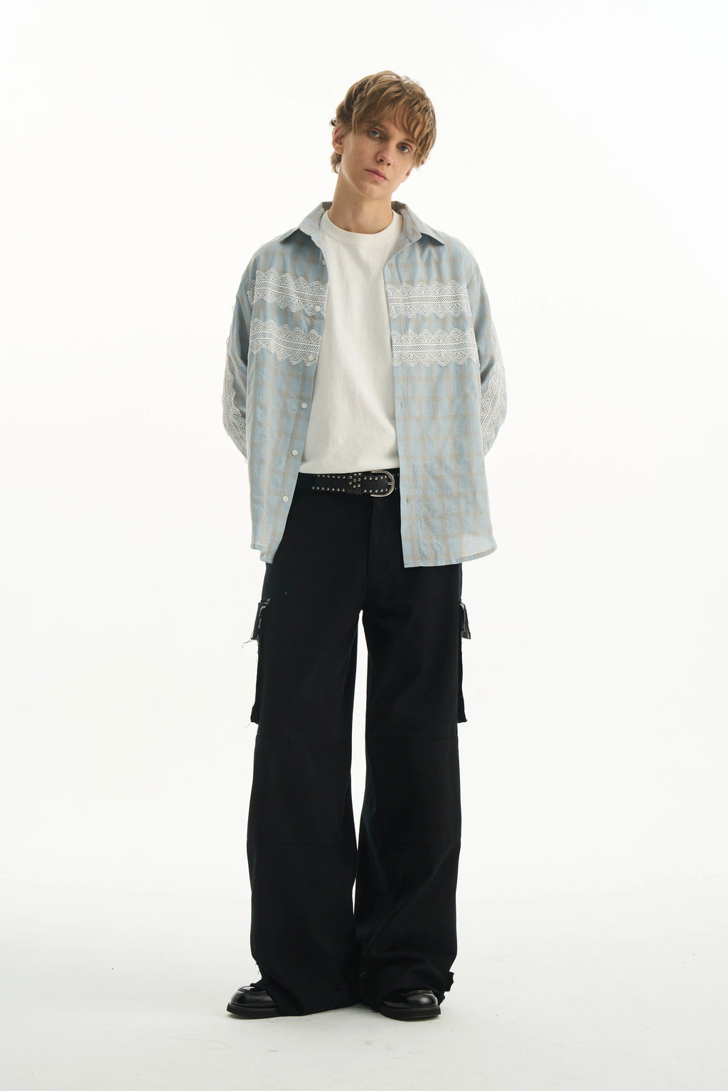 Lace Panel Plaid Pants