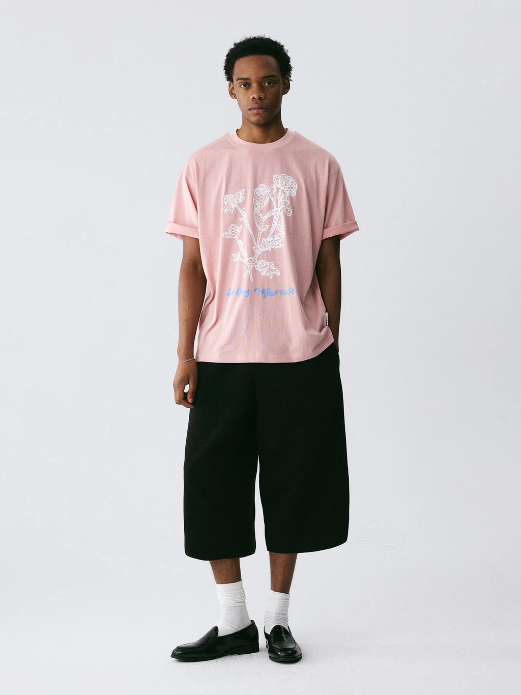 The Drawn Lace Tee - Pink Snow Fabric with Hand-Sketched White Lace Flowers