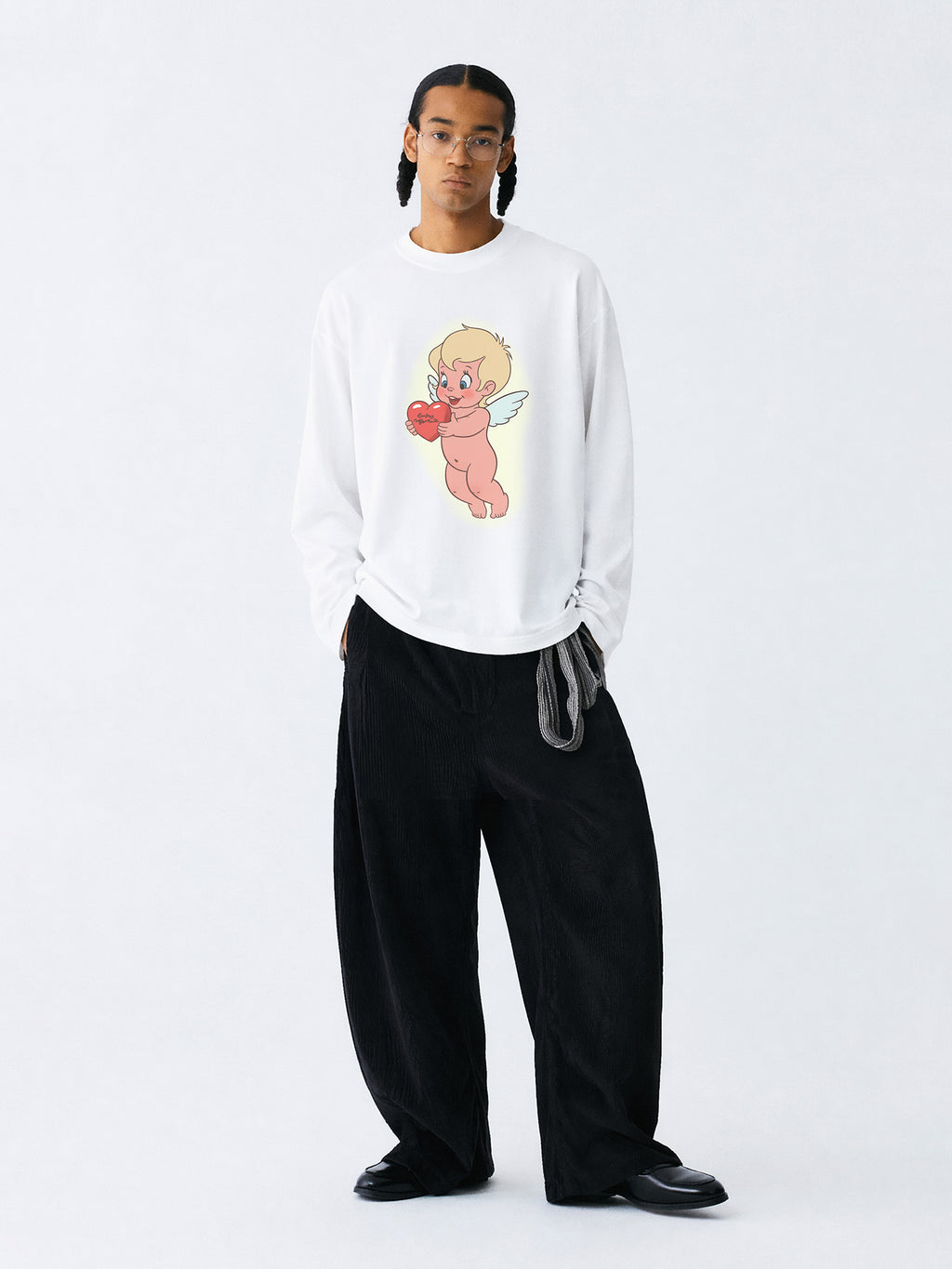 The Cherub Heart Tee - White Snow Fabric with Hand-Drawn Angel & Heart Print