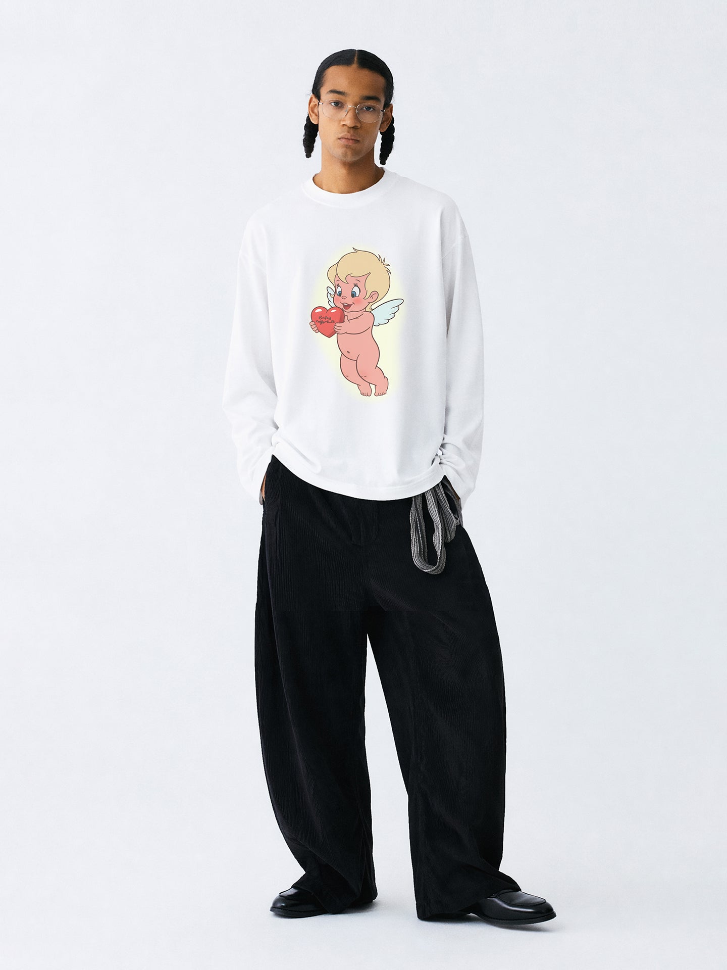 The Cherub Heart Tee - White Snow Fabric with Hand-Drawn Angel & Heart Print
