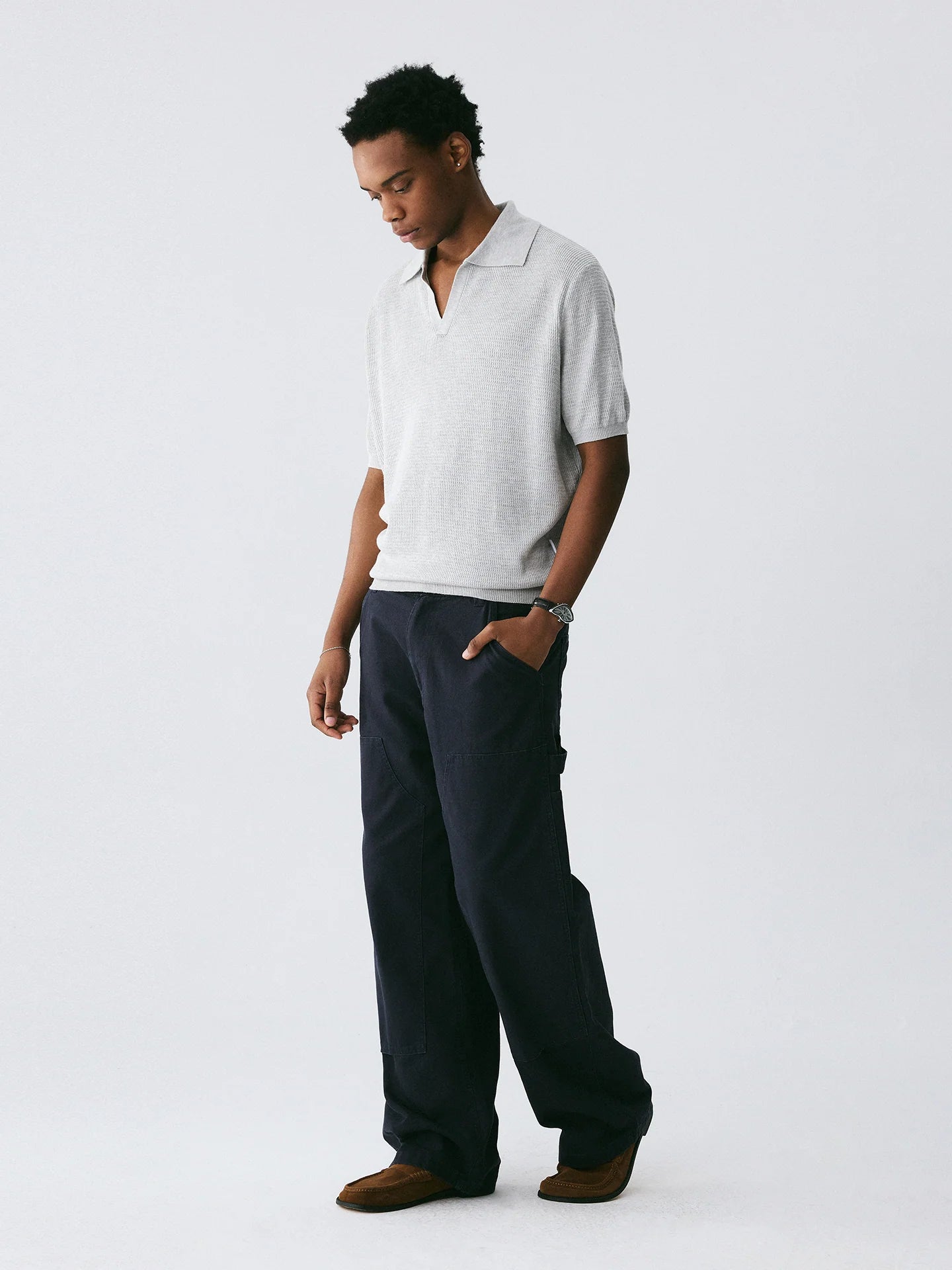 The Textured Stitch Polo - Silk-Wool Blend Knit with Ribbed Trim