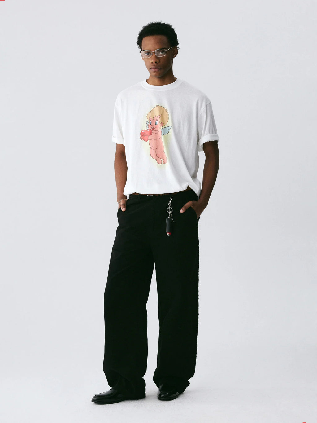 The Cherub Heart Tee - White Snow Fabric with Hand-Drawn Angel & Heart Print