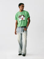 The Little House Tee - Mint Green Snow Fabric with Hand-Drawn Cottage Print