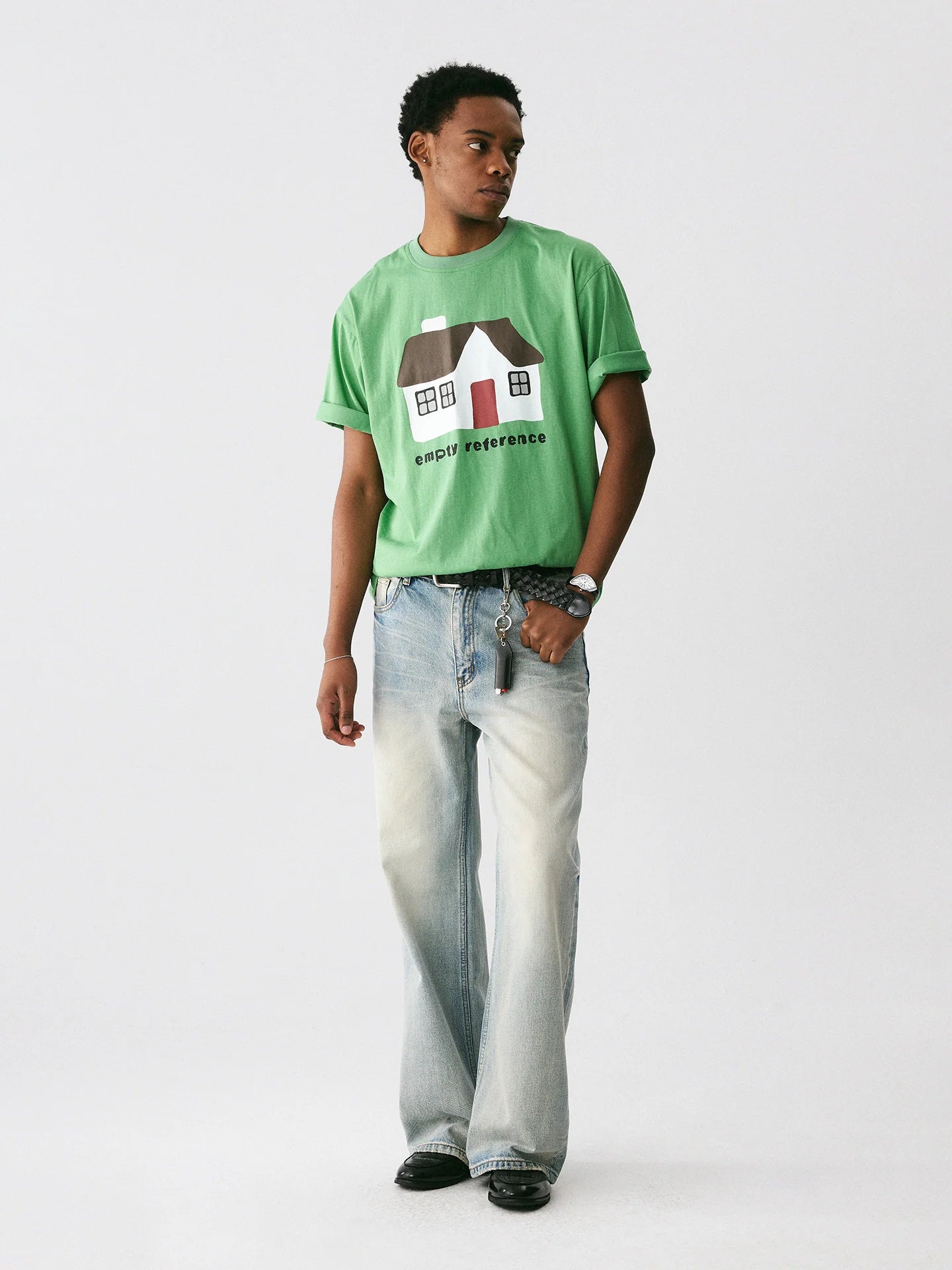 The Little House Tee - Mint Green Snow Fabric with Hand-Drawn Cottage Print