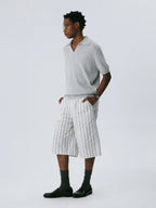 The Washed Stripe Short - Cotton 7 Length with Faded Grey Print & Metal Zipper