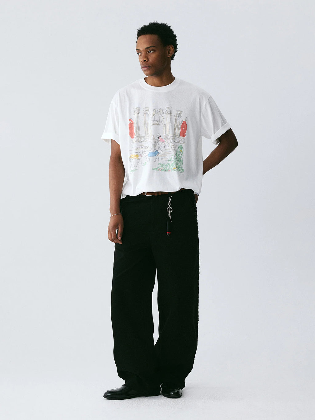 The Three Little Horses Tee - White Snow Fabric with Line-Drawn Manor & Color-Accent Pony Scene